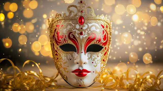 Elegante venezianische Maske mit goldenen Akzenten und festlichem Hintergrund

