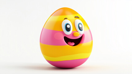 Vibrant Easter egg with colorful stripes and a cheerful smiling face on a white background