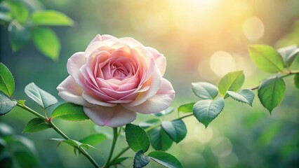 A delicate rose blossom nestled among lush green leaves