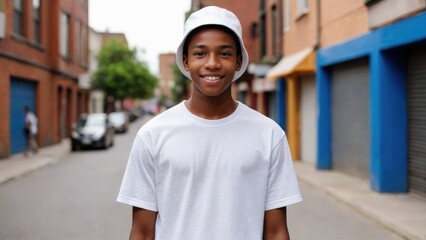 Fototapeta premium Black teenage boy wearing white t-shirt and white bucket hat standing on the street