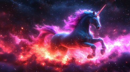 A vibrant unicorn gallops through a cosmic, colorful nebula in a fantastical scene.