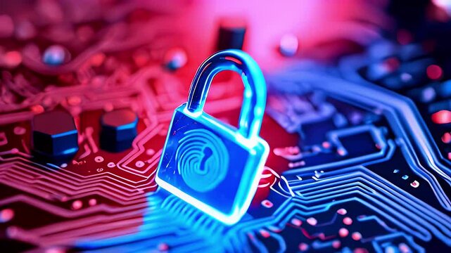 Blue keylock on circuit board with glowing red components in the background.