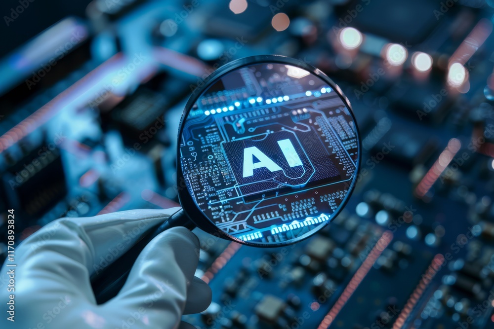 Poster exploring ai on a circuit board with magnifying glass