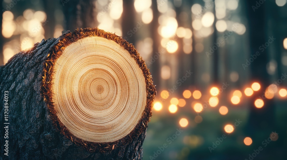 Poster a close-up of a tree stump with a blurred forest background and soft glowing lights.