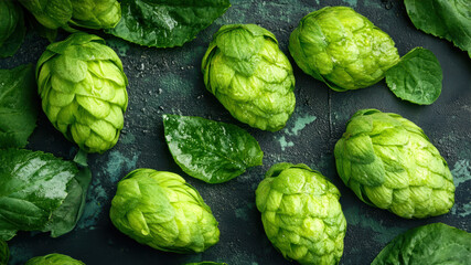 Obraz premium Fresh Green Hop Cones Ready for Brewing Beer and Baking Artisanal Bread in a Vibrant Kitchen Setting