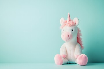 Obraz premium Playful unicorn plush toy on soft blue background home decor cute environment whimsical concept