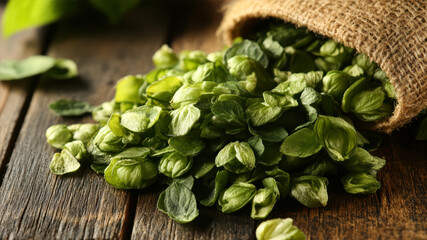 Fototapeta premium Fresh Green Hop Cones Spill From Burlap Sack, Ready to Inspire Brewing Creativity and Flavorful Baking Delights
