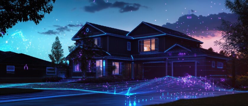 A vibrant image showcasing a smart home featuring visible glowing fiber optic connections, highlighting modern technology and innovation.