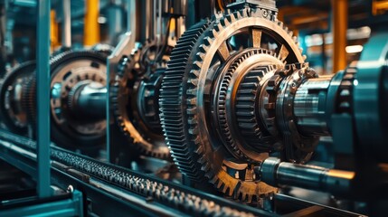 Fototapeta premium A vibrant industrial scene with steel gears, rotating pistons, and exposed machinery working together in perfect synchronization.
