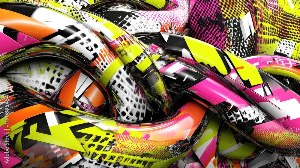 Poster a vibrant abstract composition featuring intertwined, colorful tubes with dynamic patterns.