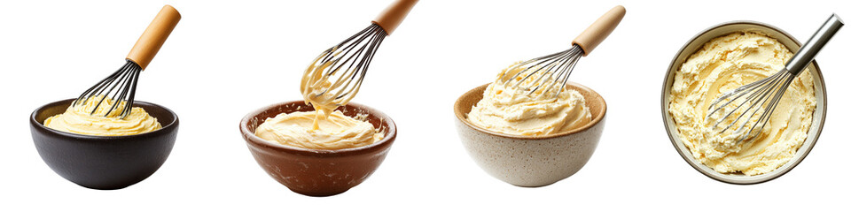 Whisking Batter in Different Bowls Isolated on White Background for Culinary Use and Recipe Illustrations