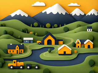 3D Papercut Idyllic Village Landscape