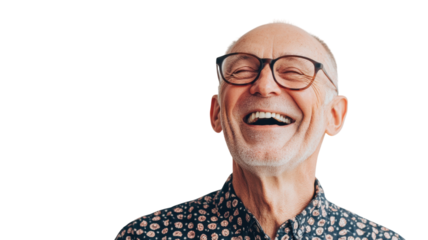 Elderly Man Laughing Heartily on a White Background - A Perfect Image for Marketing Campaigns Focused on Joy and Laughter.