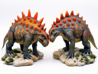 Obraz premium Two colorful dinosaur figurines facing each other on rocky bases.
