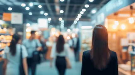 A woman stands in a crowded room with people walking around her