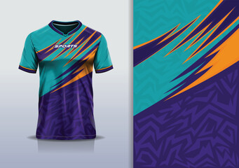 T-shirt mockup abstract texture grunge texture curve line sport jersey design for football, soccer, racing, esports, running, in green purple color © Nimpuna O