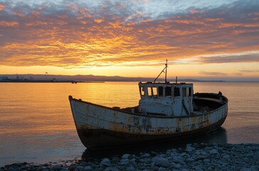Fototapeta premium A boat is sitting on the shore of a body of water