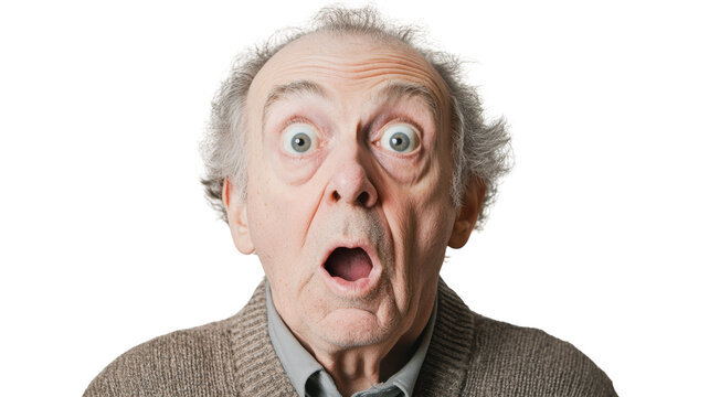 Shocked senior man portrait, surprised facial expression with open mouth. Funny elderly male reaction isolated on white