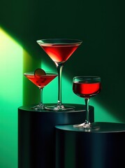 Three martinis are displayed on a table, each in a different shaped glass