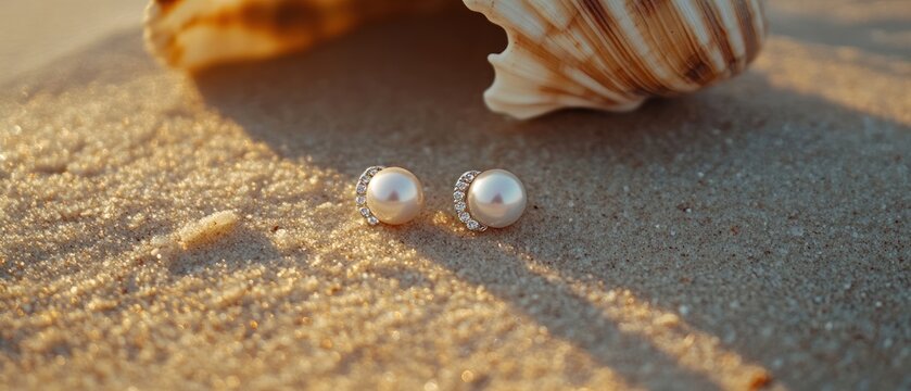 Elegant Pearl Earrings on Sandy Beach.