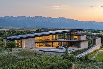 Obraz premium Contemporary Eco Mansion with Rooftop Solar Panels