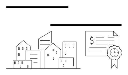 Buildings of varying heights and shapes represent urban landscape, with a certificate indicating monetary value and a ribbon highlighting completion. Ideal for investments, certifications, urban