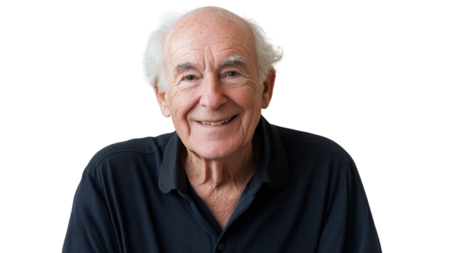 Heartwarming Image of an Elderly Man Smiling Softly, Ideal for Use in Family Publications, Health Campaigns, or Supportive Materials Promoting Positive Aging.