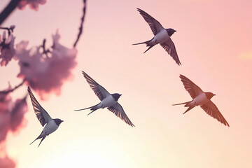 Swallows soar gracefully in twilight sky near cherry blossoms during serene sunset moment