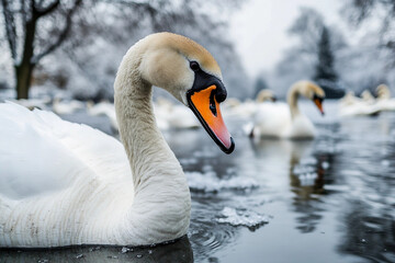 Obraz premium Swans gracefully swimming in a serene winter lake surrounded by frosted trees at dawn
