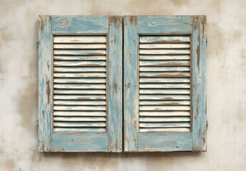 The blue and white shutters on the wall are old and worn
