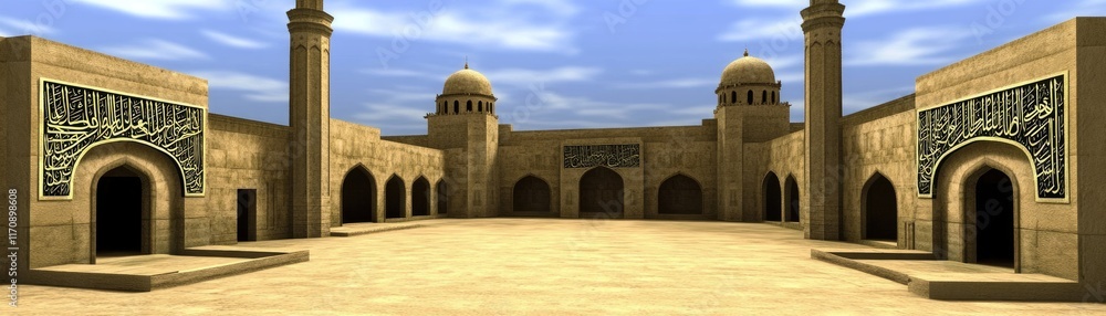 Aufkleber a digital rendering of a serene architectural courtyard with domes and intricate designs.