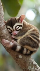 A sleeping marsupial curled up on a tree branch in a serene natural setting.