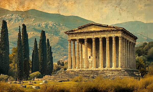 Ancient Greek temple on the shores of a tranquil lake, surrounded by autumn leaves and mountain views with a serene atmosphere