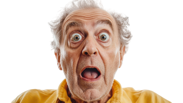 An elderly man displaying a surprised expression that can be used in various contexts such as emotion representation or reaction illustrations for relatable content..