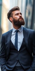 Fototapeta premium A man with a beard and a tie is standing in front of a building