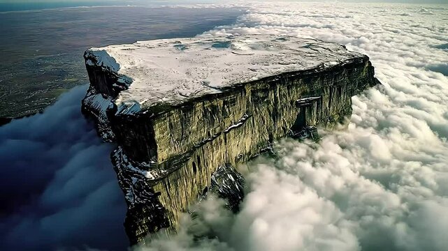 Aerial view of a snow-capped mountain plateau rising above a sea of clouds.