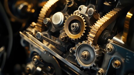 A close-up of an engine with rotating gears, cogs, and exposed pistons, highlighting the strength and beauty of mechanical design.