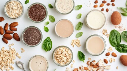 Naklejka premium Fresh Plant-Based Milks on White Background
