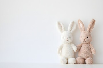 Obraz premium Soft toy bunnies minimalist indoor space photography neutral background close-up whimsy and comfort