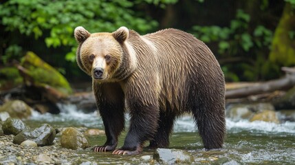 Fototapeta premium A grizzly bear standing in a stream surrounded by lush greenery.