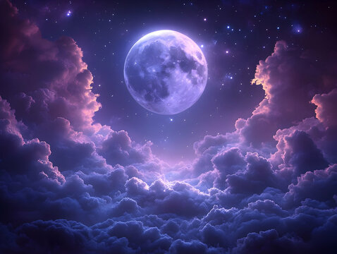 Full moon shining brightly in a purple and pink night sky above fluffy clouds. - Powered by Adobe