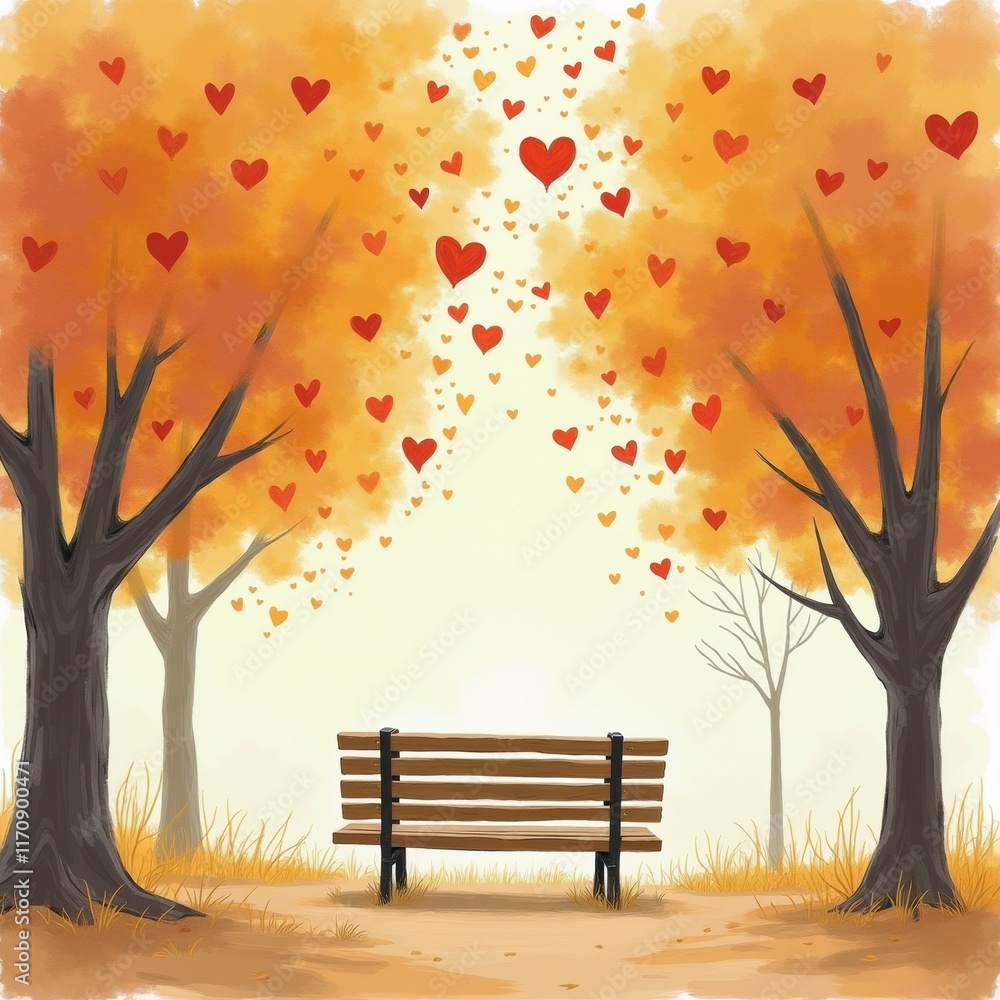 Poster the image is a digital illustration of a park scene with a wooden bench in the foreground. the bench