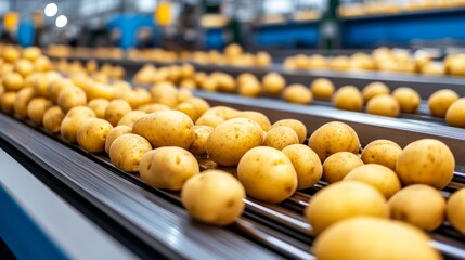 Conveyor belt with a large pile of yellow potatoes. The potatoes are piled up in rows and are being sorted