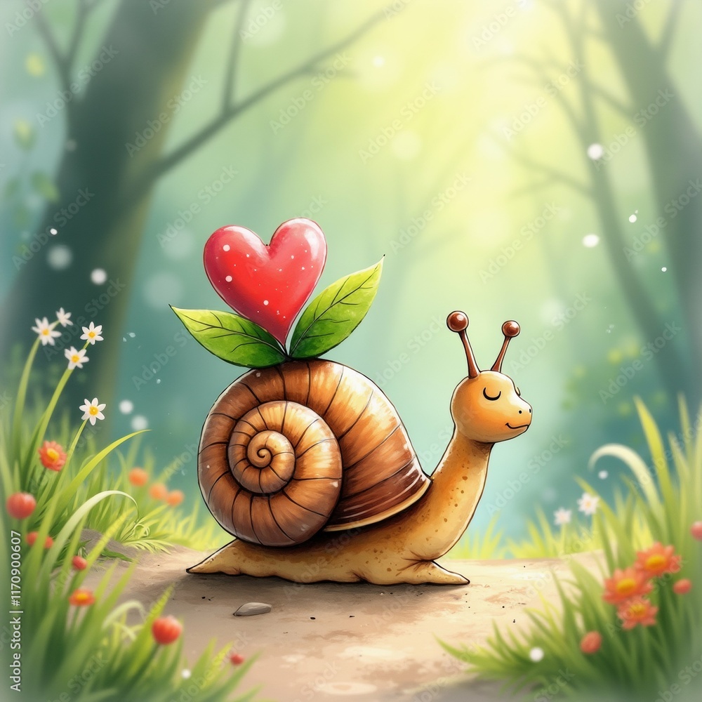 Poster the image is a digital illustration of a snail in a garden. the snail is brown in color and has two 