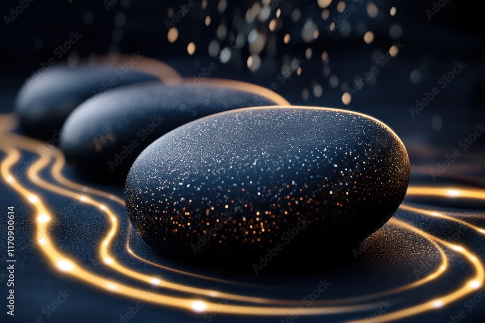 Poster pebbles sparkle in soft light with glowing lines against a dark background