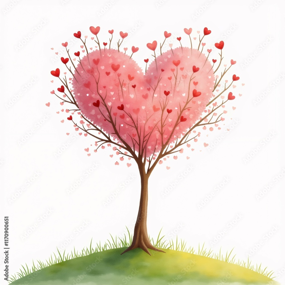 Poster the image is a digital illustration of a tree with a large pink heart-shaped tree in the center. the