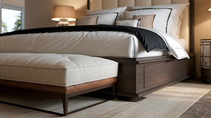 Upholstered Bed with Ottoman and Wooden Frame in Bedroom Setting