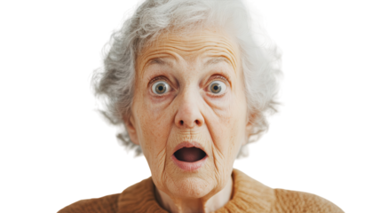 Elderly Woman Exhibiting Surprise and Joyful Emotion with Hands Raised, Perfect for Representing Reactions in Various Contexts.