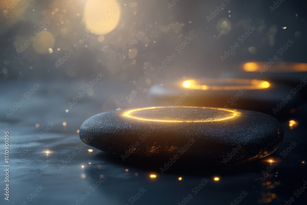 Poster stones with glowing circles in a misty setting create a serene atmosphere