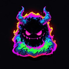 Neon Demon: A vibrant digital illustration of a mischievous demon engulfed in psychedelic flames, showcasing sharp horns and glowing eyes, a mesmerizing spectacle of color and darkness.